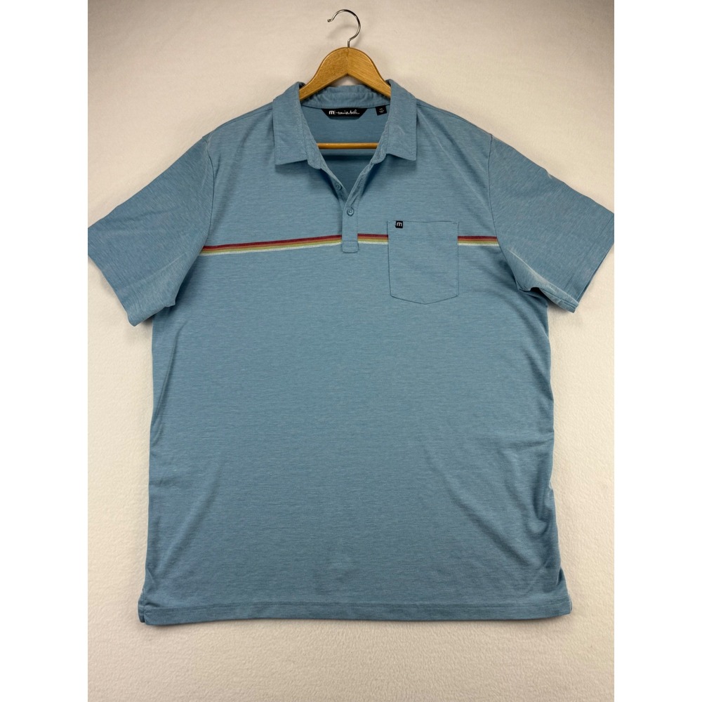 TravisMathew Polo Shirt Mens XXL Blue Short Sleeve Chest Stripe Golf Top